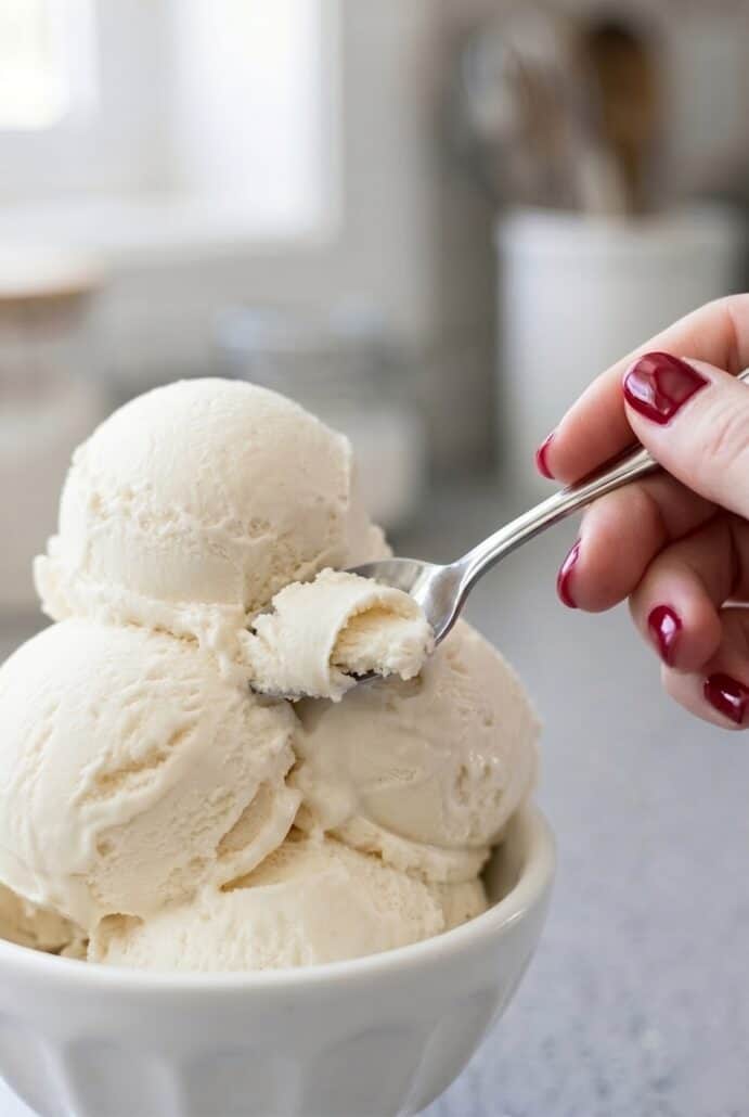 Person scooping creamy homemade vanilla ice cream, showing the rich texture.