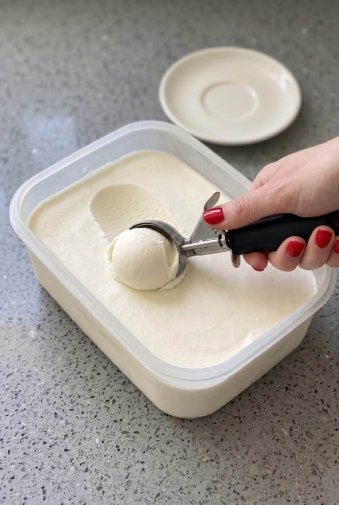 Scooping creamy homemade vanilla ice cream from a container.