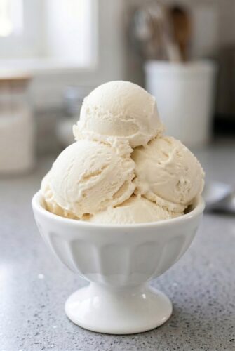 3-Ingredient Vanilla Ice Cream Recipe (No Churn, No Machine!) Creamy homemade vanilla ice cream scoops in a bowl, showcasing the easy 3-ingredient no-churn recipe.