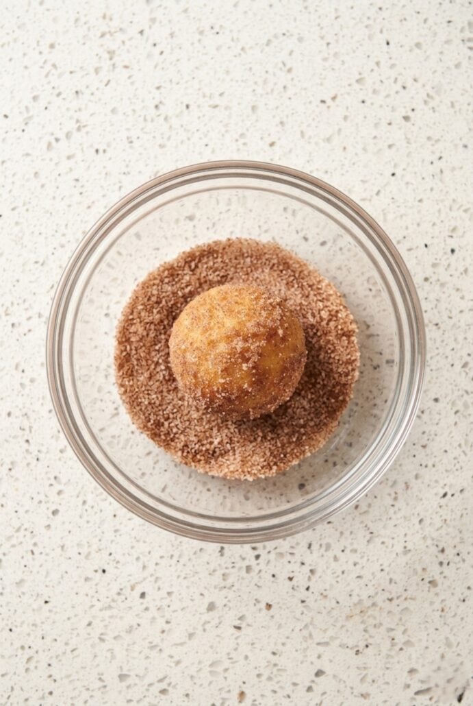 Banana donut hole rolled in cinnamon sugar coating after air frying.