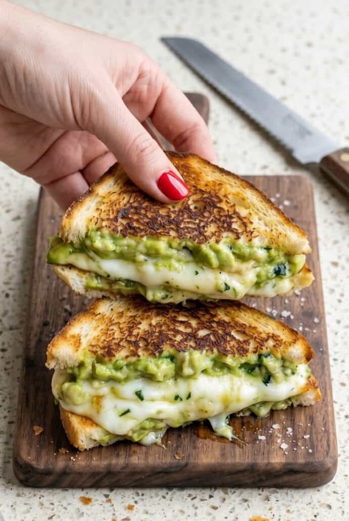 Hand holding crispy avocado grilled cheese with melted cheese and creamy avocado.