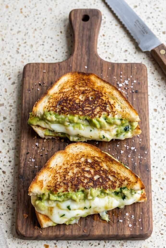 Avocado grilled cheese halves on a cutting board with crispy bread and creamy avocado filling.