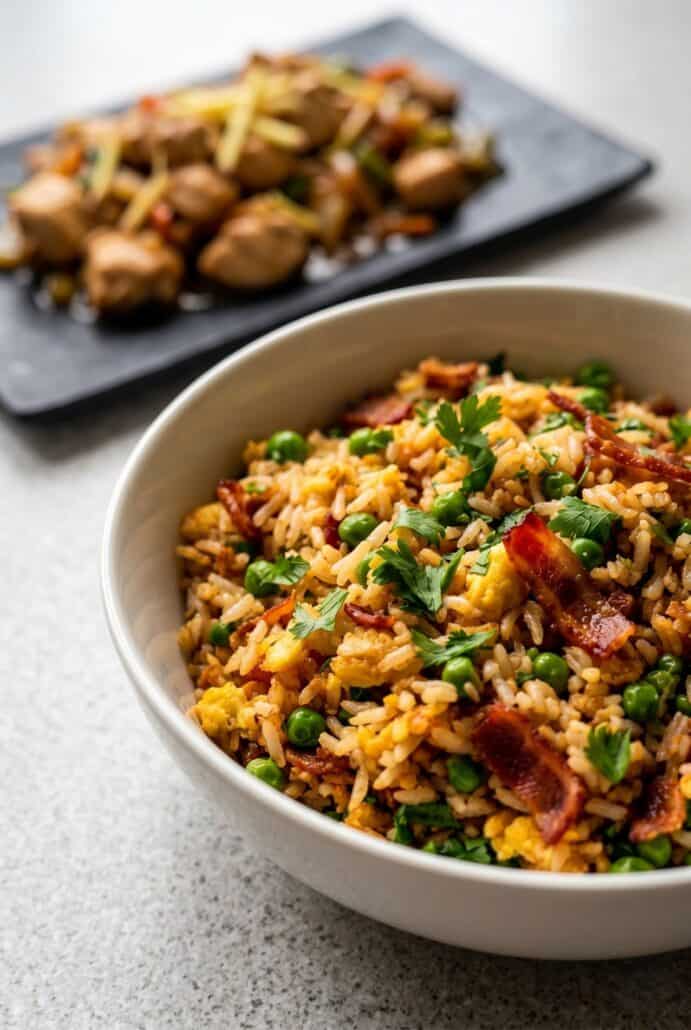 Bowl of bacon fried rice served with a savory side dish for a complete easy dinner meal.