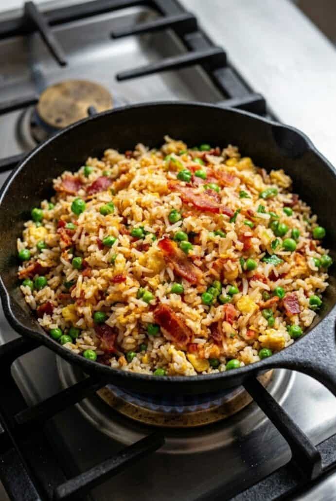 Skillet of bacon fried rice with eggs, vegetables, and green onions.