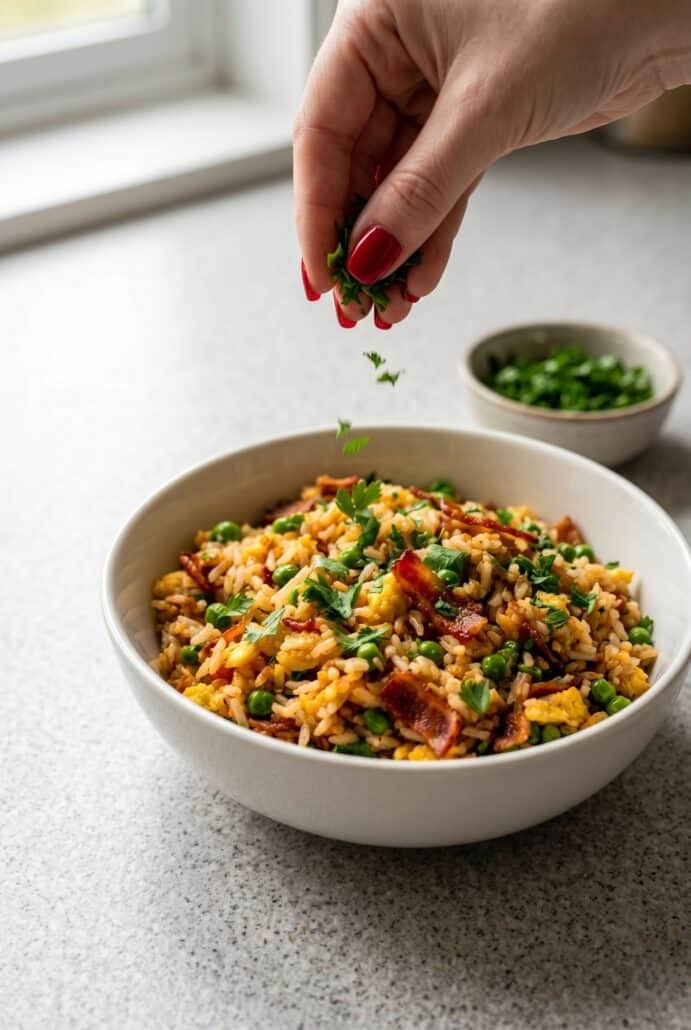Bowl of bacon fried rice topped with fresh green onions for an easy homemade fried rice recipe.