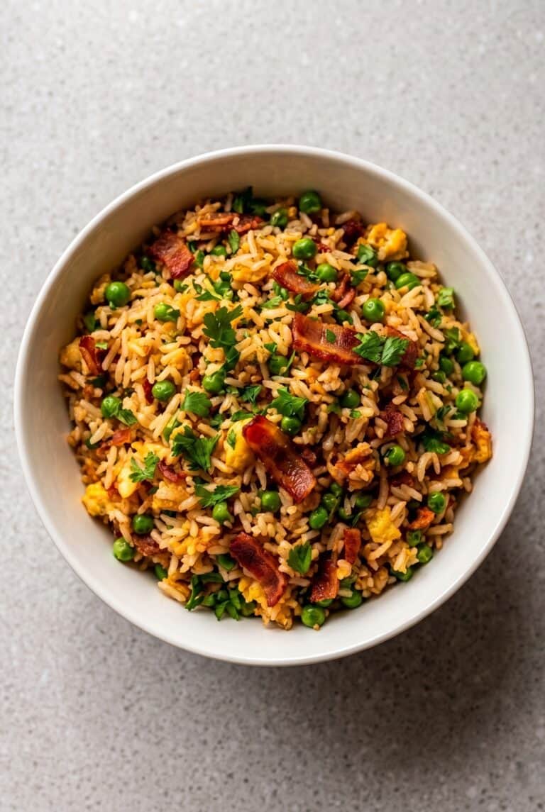 Bowl of bacon fried rice with eggs, peas, carrots, and green onions.