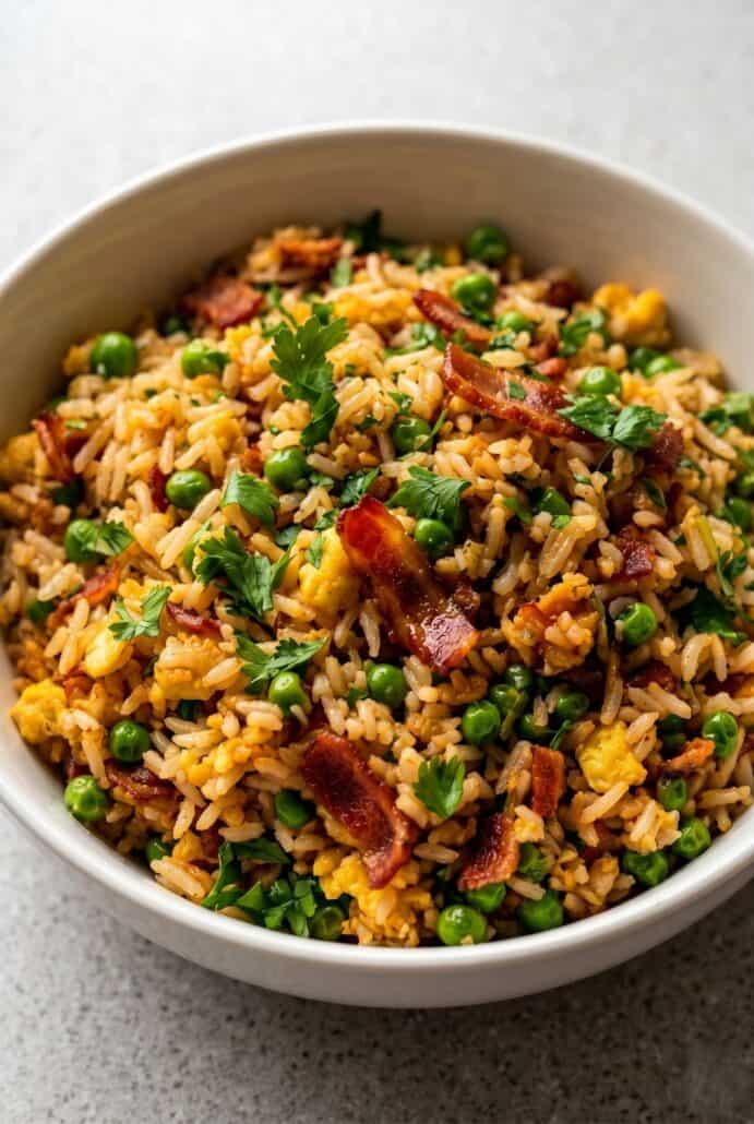 Close-up of bacon fried rice with crispy bacon, eggs, peas, carrots, and green onions.