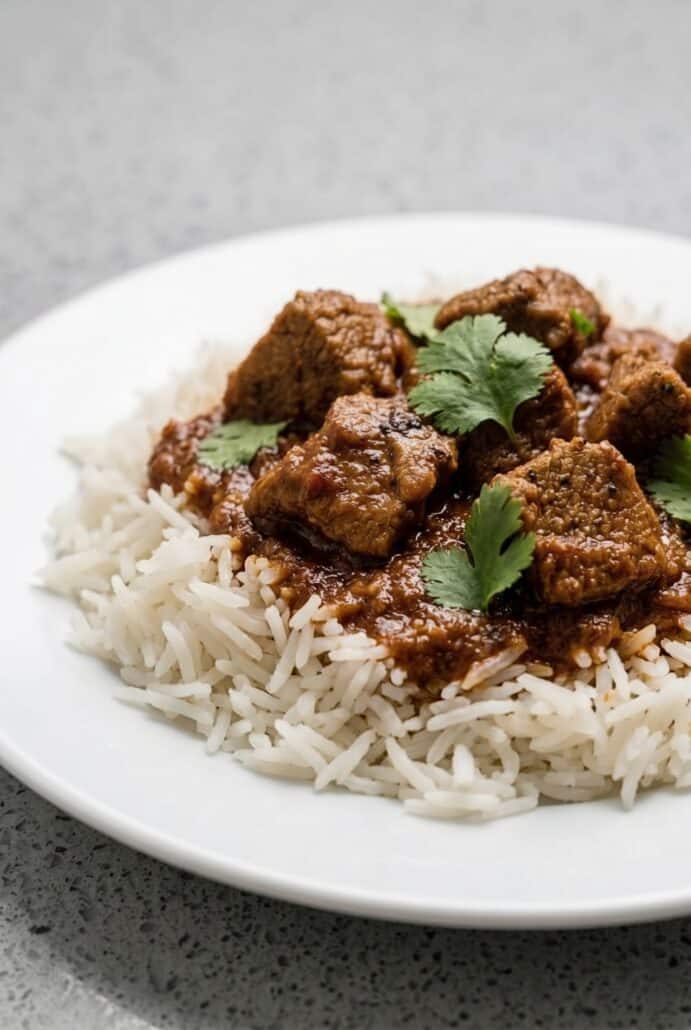 Beef vindaloo curry served over fluffy basmati rice and garnished with fresh cilantro.