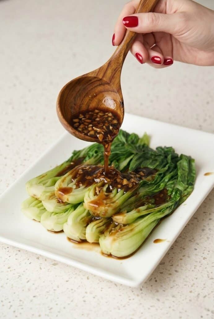 Garlic soy sauce being poured over cooked bok choy for an easy Chinese vegetable side dish.