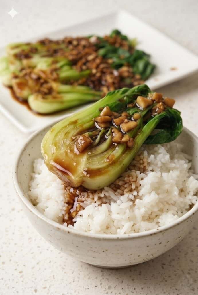 Bok choy with garlic soy sauce served over white rice for an easy vegetarian meal.