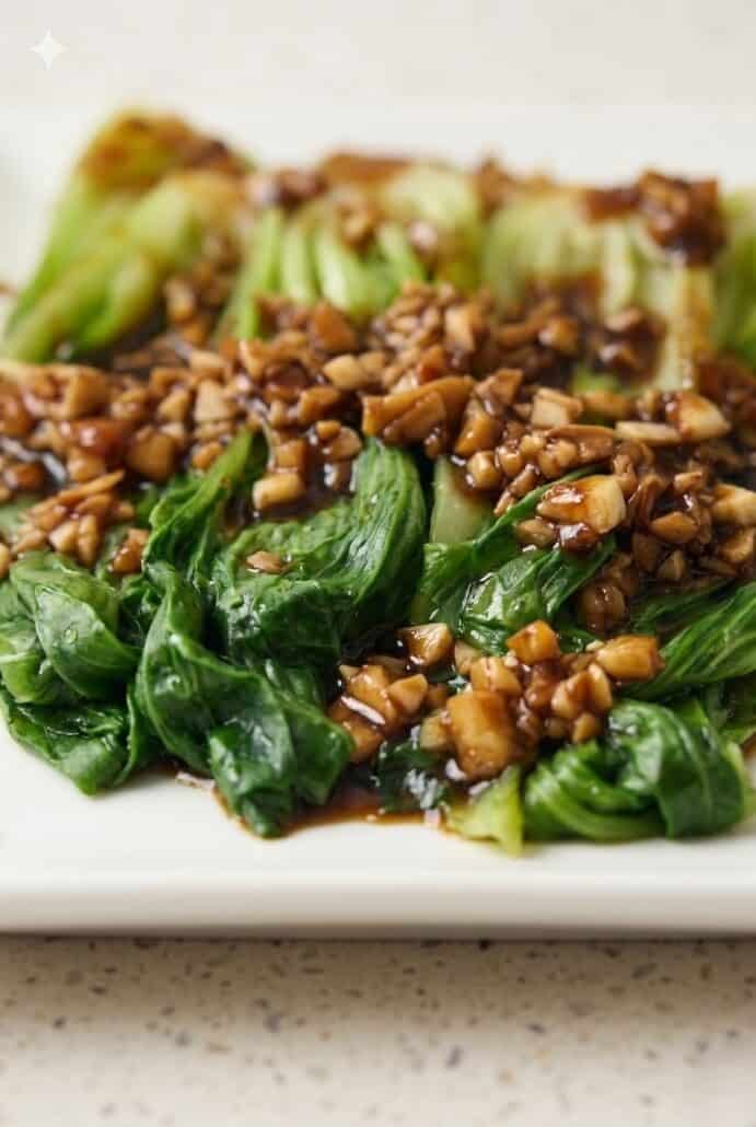 Close-up of bright green bok choy with garlic soy sauce.