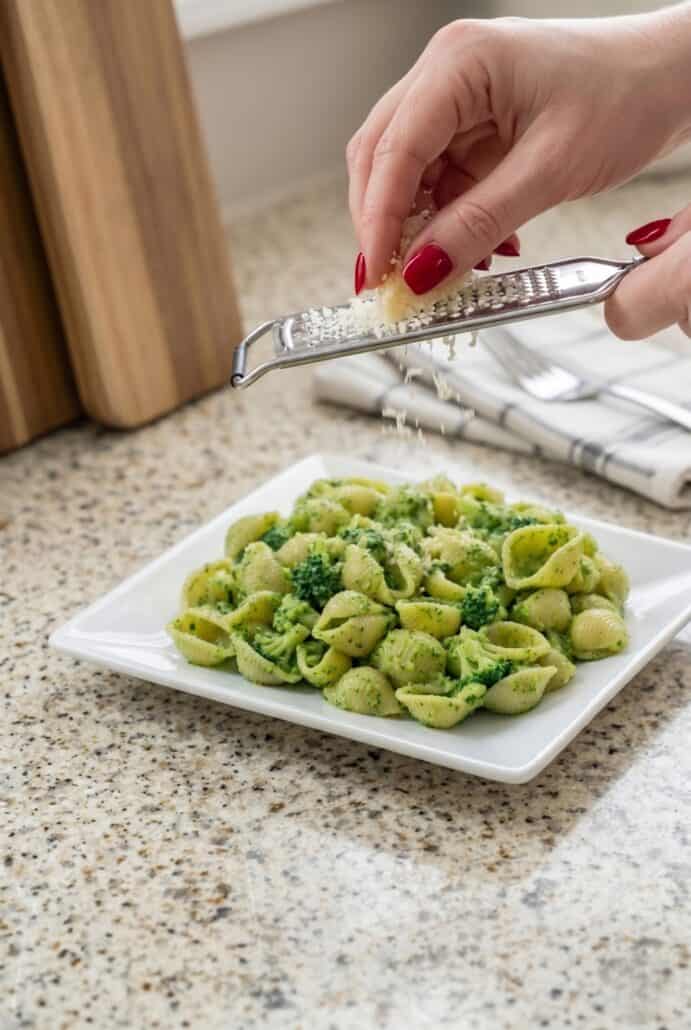 Hand grating Parmesan over broccoli pasta on a plate.