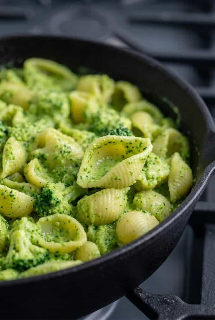 Close-up of broccoli shell pasta in a pan with garlic and Parmesan, showing a creamy yet light healthy pasta dish.