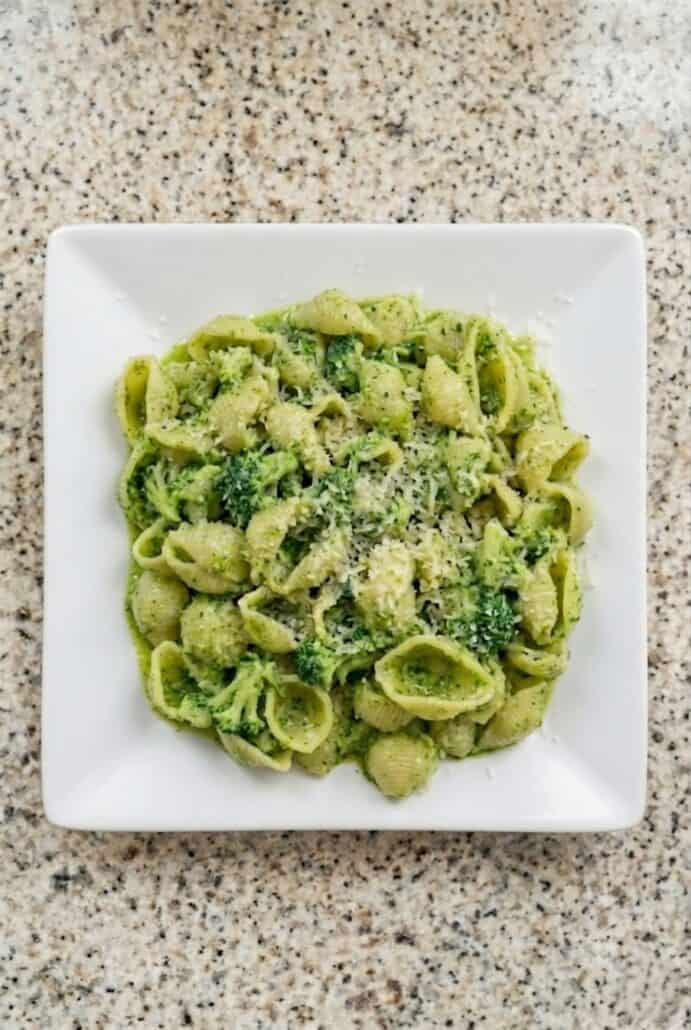 Broccoli pasta with shell pasta, garlic, and Parmesan cheese served as a quick and healthy weeknight dinner.