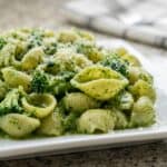 Broccoli shell pasta with garlic and Parmesan cheese, a light and easy healthy pasta recipe.