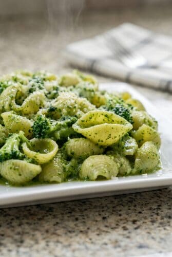 Easy Broccoli Pasta Recipe with Garlic and Parmesan Broccoli shell pasta with garlic and Parmesan cheese, a light and easy healthy pasta recipe.