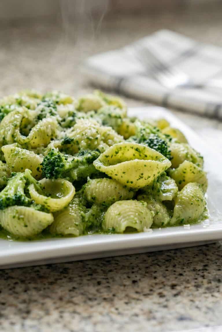 Broccoli shell pasta with garlic and Parmesan cheese, a light and easy healthy pasta recipe.