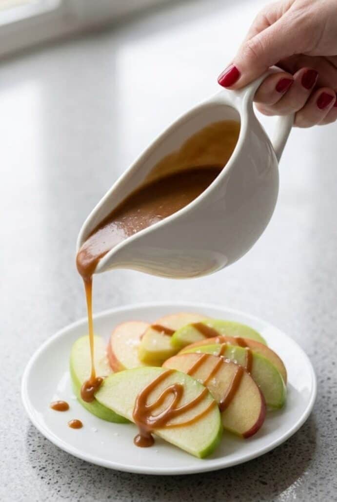 Caramel sauce drizzled over apple slices for a sweet dessert topping.