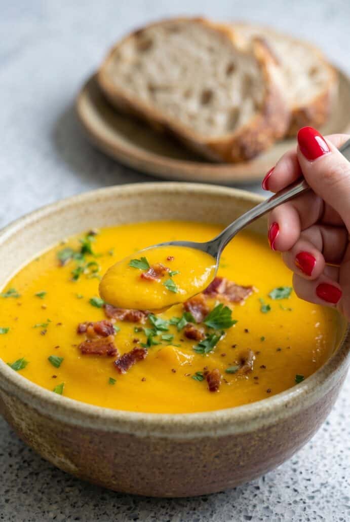 Spoonful of creamy carrot soup topped with crispy bacon and parsley.