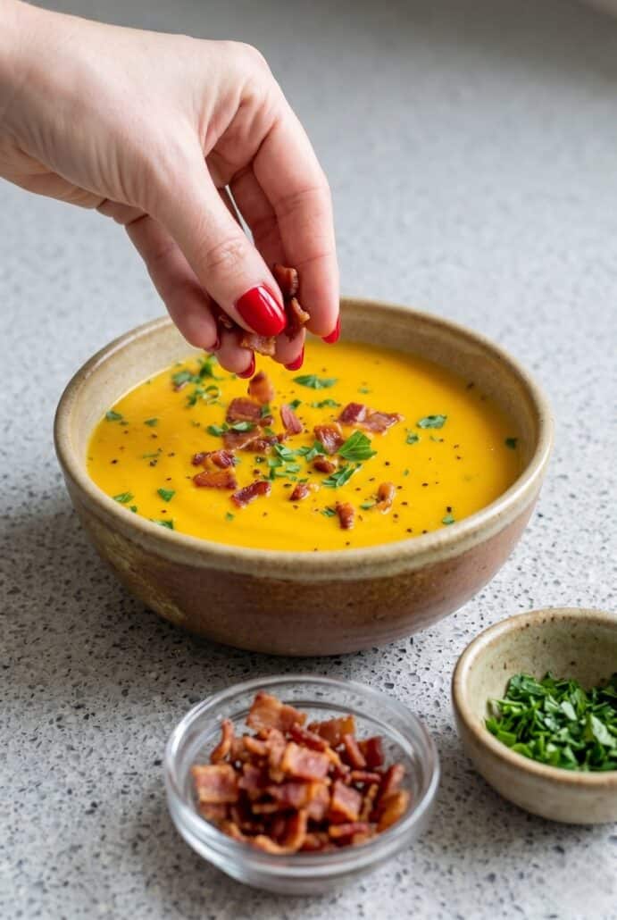 Sprinkling crispy bacon and parsley over creamy carrot soup before serving.