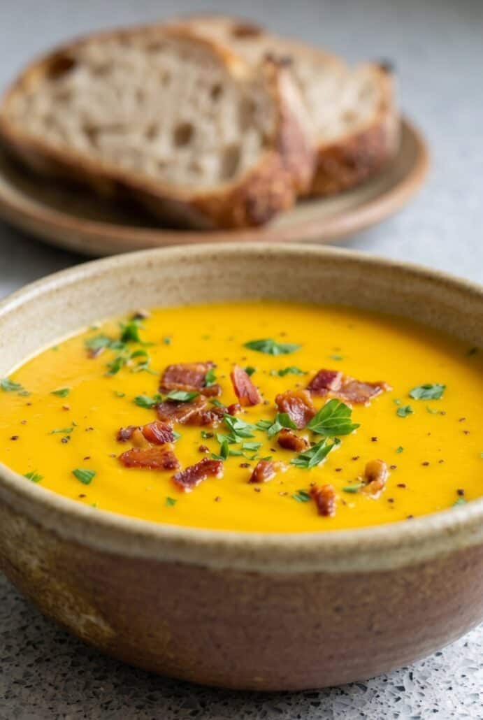 Creamy carrot soup topped with bacon and parsley, served with bread.
