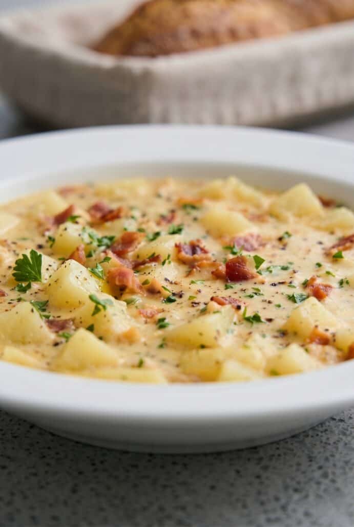 Close-up of creamy clam chowder with tender potatoes, bacon bits, and fresh chives.