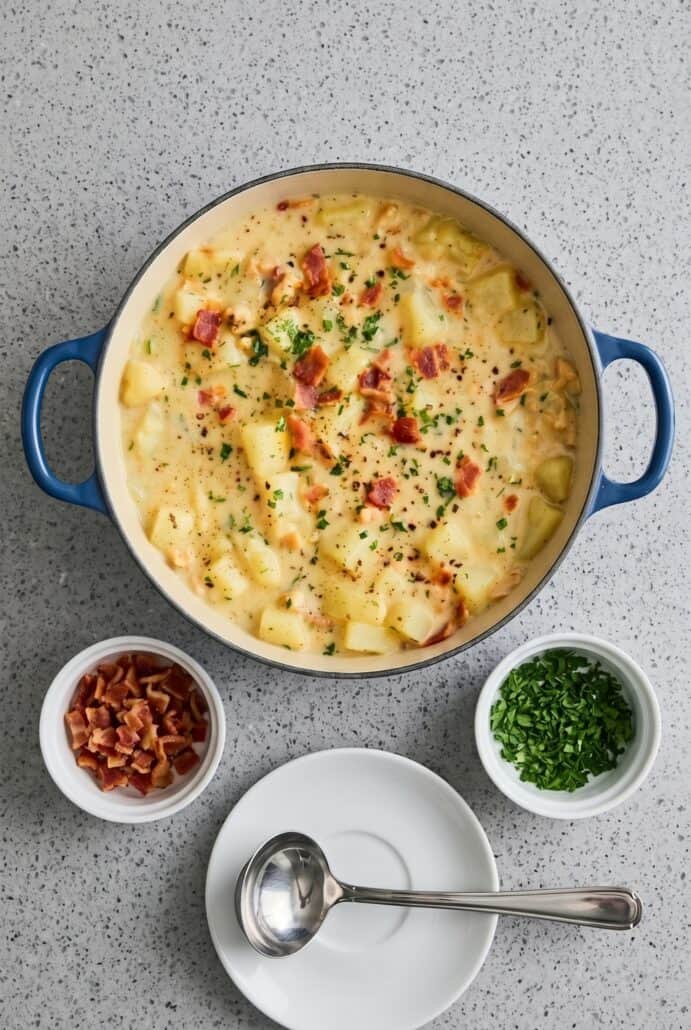 Homemade clam chowder in a Dutch oven topped with crispy bacon and fresh chives.