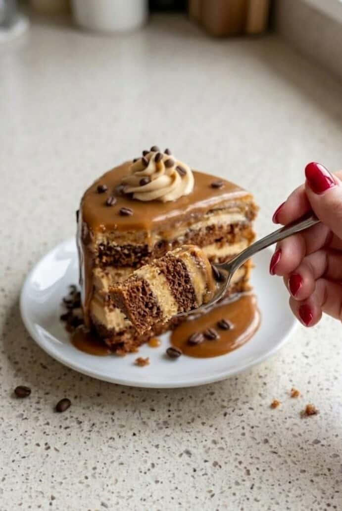 Fork taking a bite of coffee caramel cake slice with creamy layers and caramel drizzle.