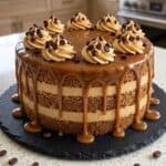 Coffee caramel cake with caramel drip, coffee buttercream swirls, and chocolate coffee bean topping.