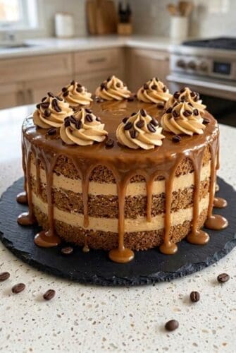 Coffee Caramel Cake Recipe (Rich, Moist & Absolutely Decadent!) Coffee caramel cake with caramel drip, coffee buttercream swirls, and chocolate coffee bean topping.