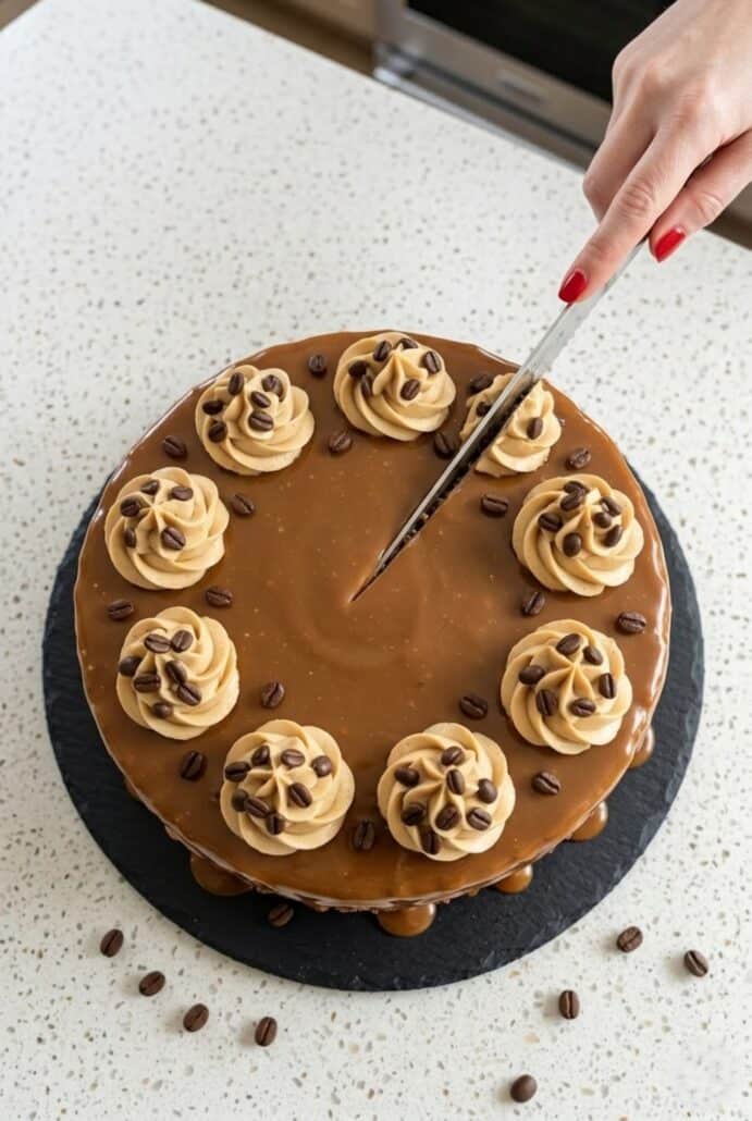 Top view of coffee caramel cake with caramel glaze, buttercream swirls, and chocolate coffee bean decorations.