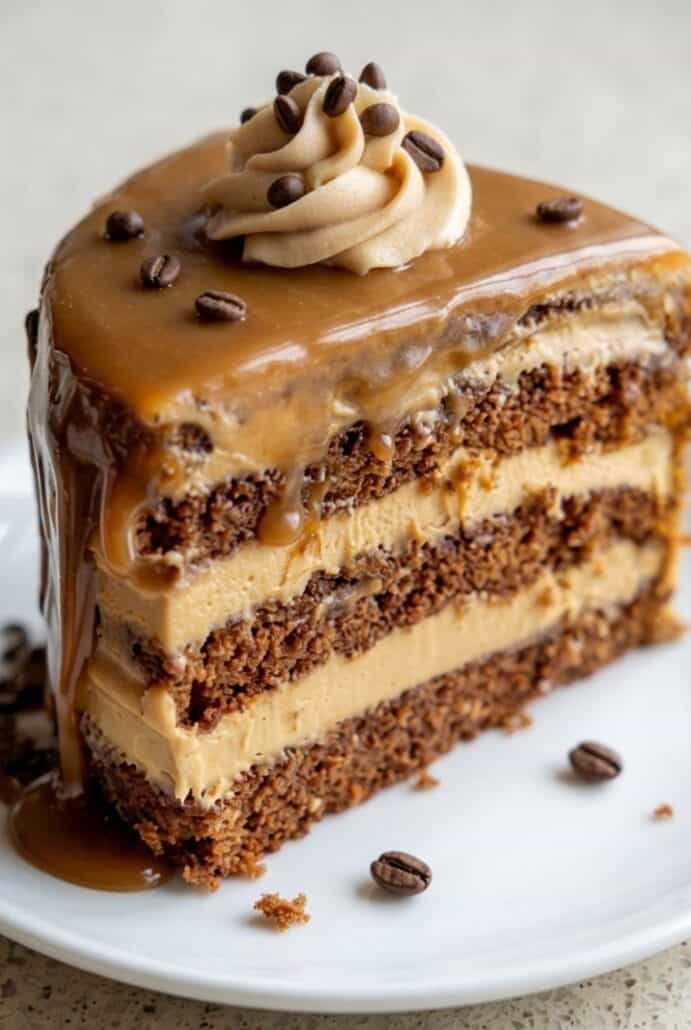 Close-up slice of coffee caramel cake showing soft coffee layers, creamy buttercream filling, and caramel glaze.