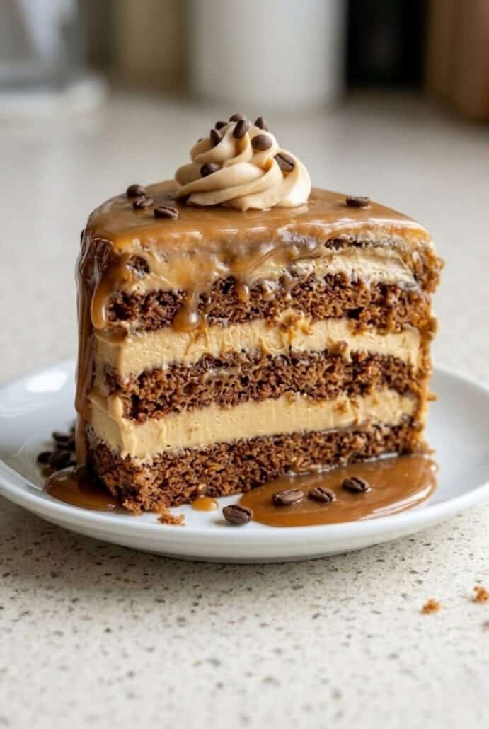 Slice of coffee caramel layer cake with coffee buttercream and caramel drizzle.