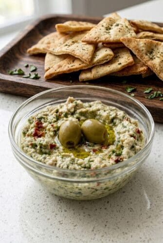 Feta and Green Olive Spread - Easy Mediterranean Dip Recipe Creamy feta and green olive spread in a bowl topped with whole olives, served with pita chips.