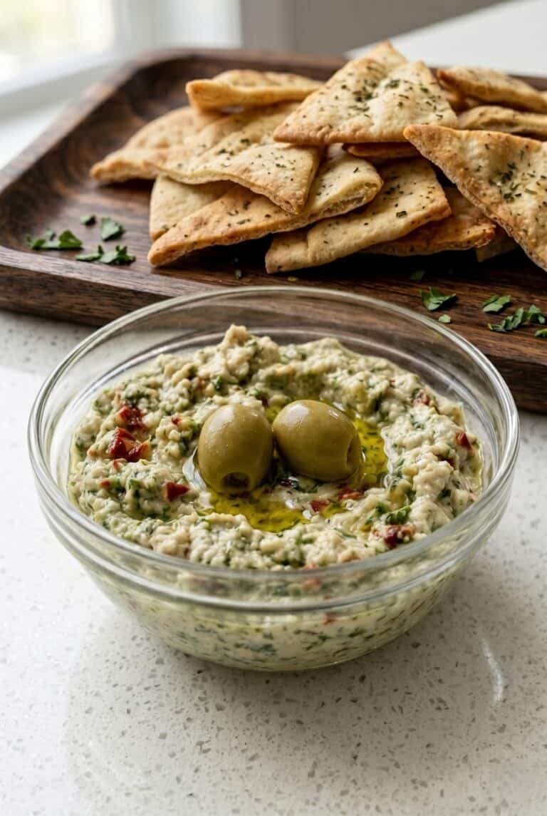 Creamy feta and green olive spread in a bowl topped with whole olives, served with pita chips.