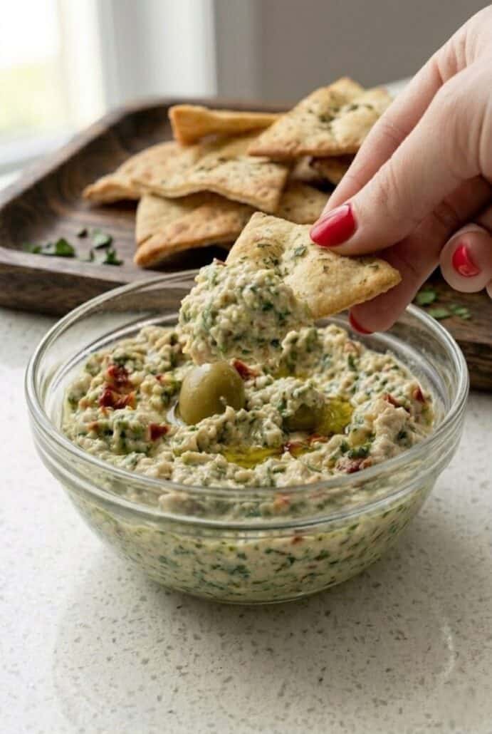 Hand dipping pita chip into creamy feta and green olive spread, showing texture and serving idea for easy Mediterranean appetizer.