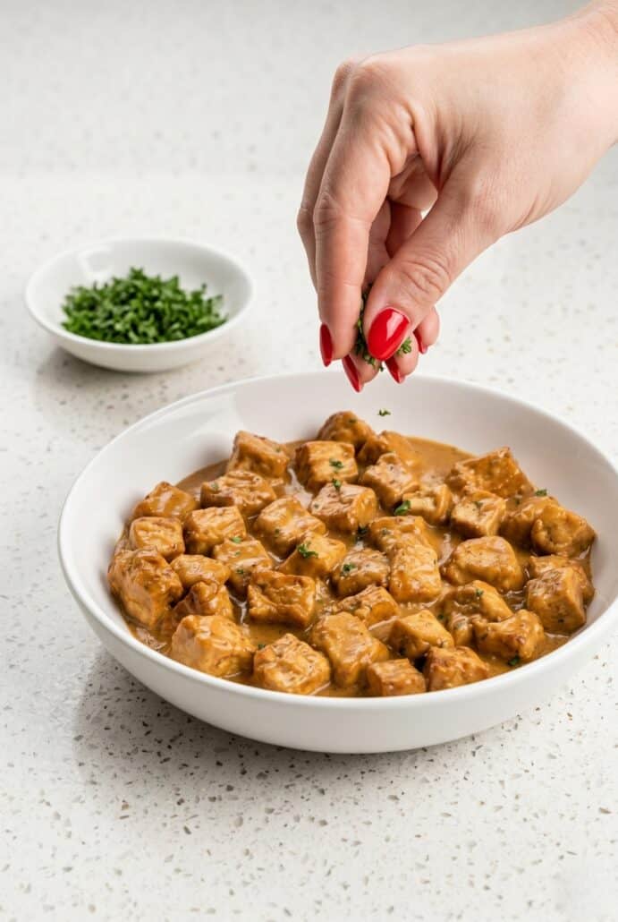 Parsley sprinkled over creamy garlic pork bites in a white bowl.