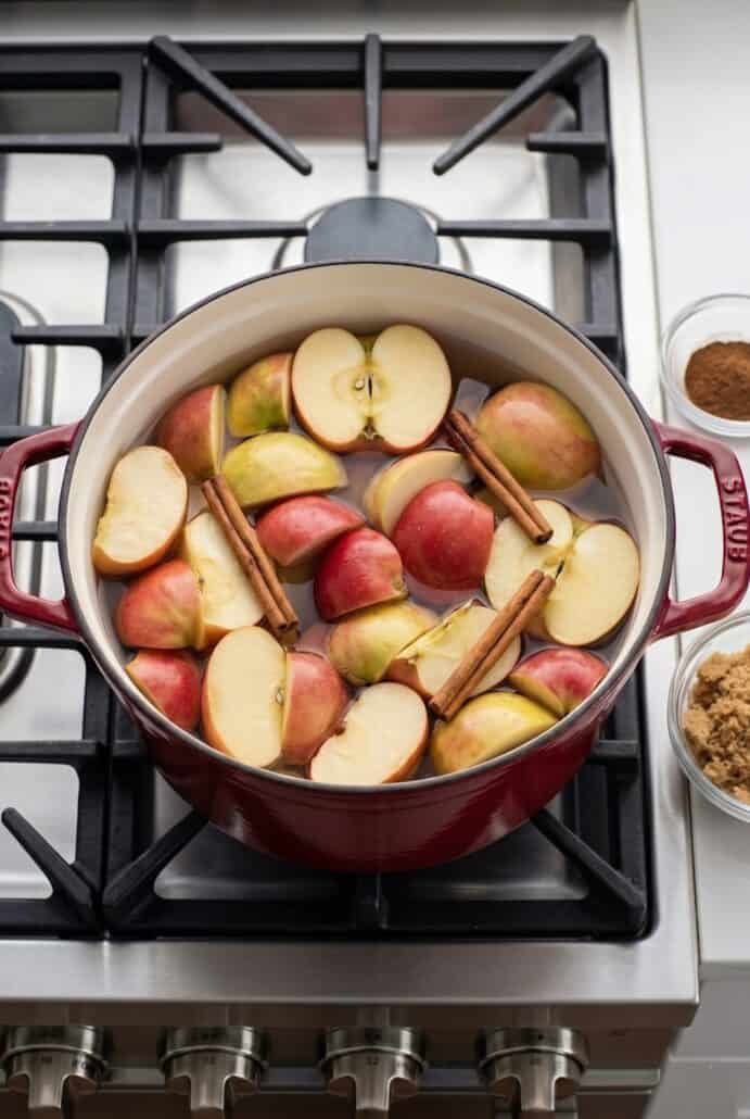 Fresh apples and spices simmering in a pot for homemade apple cider.