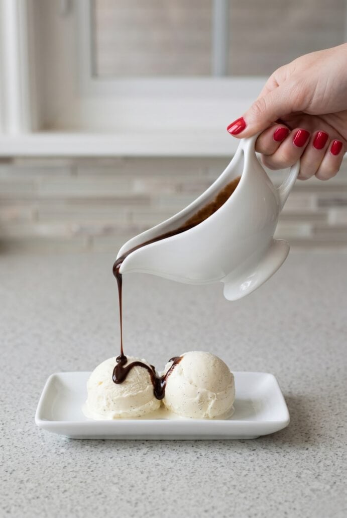Pouring homemade chocolate syrup over vanilla ice cream, showing how to use it as a rich dessert topping.