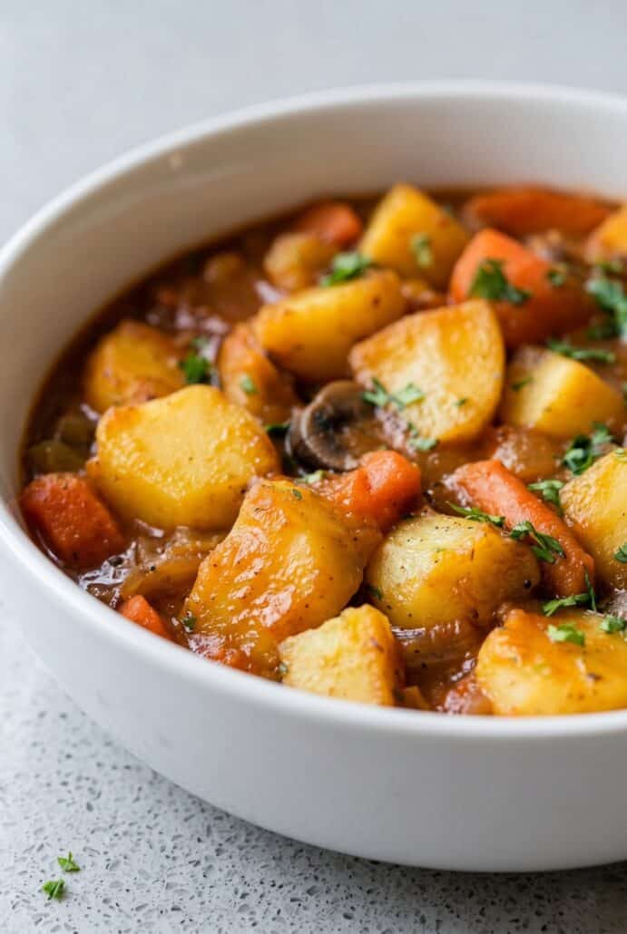 Close-up of Irish vegetarian stew with potatoes, carrots, peas, and herbs in a savory broth.