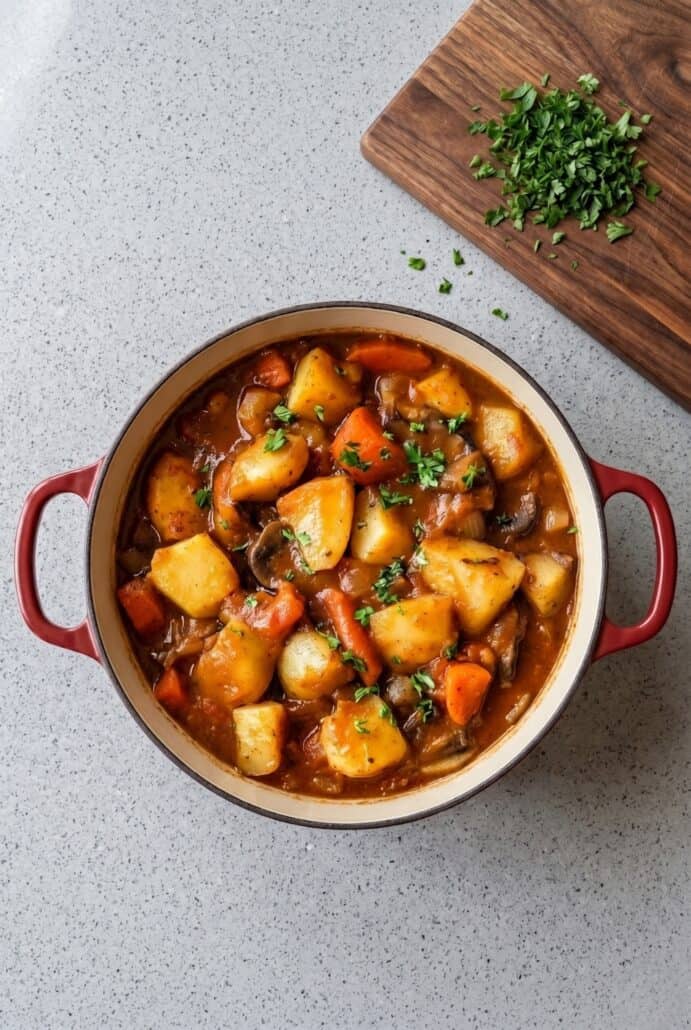 Overhead view of Irish vegetarian stew with potatoes, carrots, peas, and herbs in a Dutch oven.