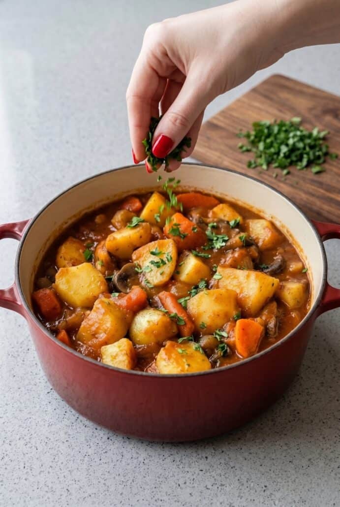 Irish vegetarian stew in a Dutch oven topped with fresh parsley for serving.