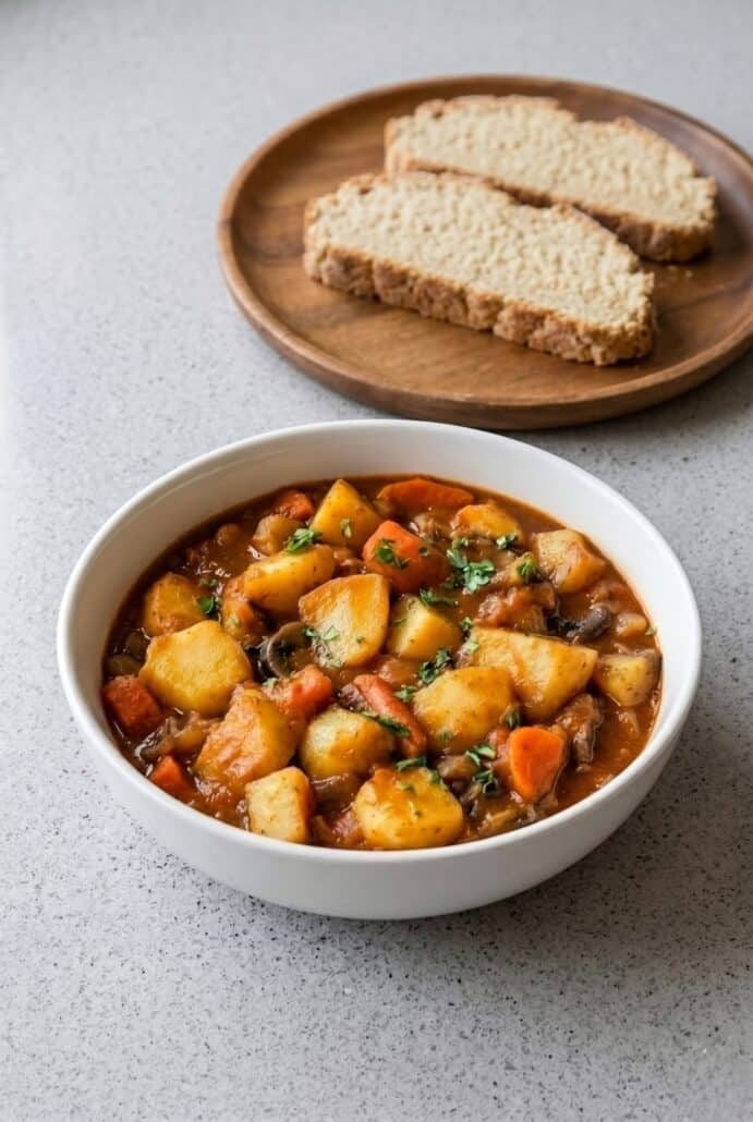 Irish vegetarian stew with potatoes and carrots in a bowl served with bread.