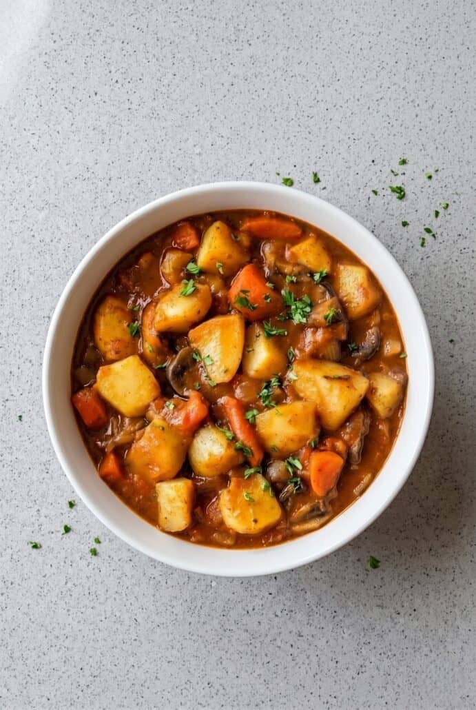 Bowl of Irish vegetarian stew with potatoes, carrots, peas, and fresh herbs in savory broth.