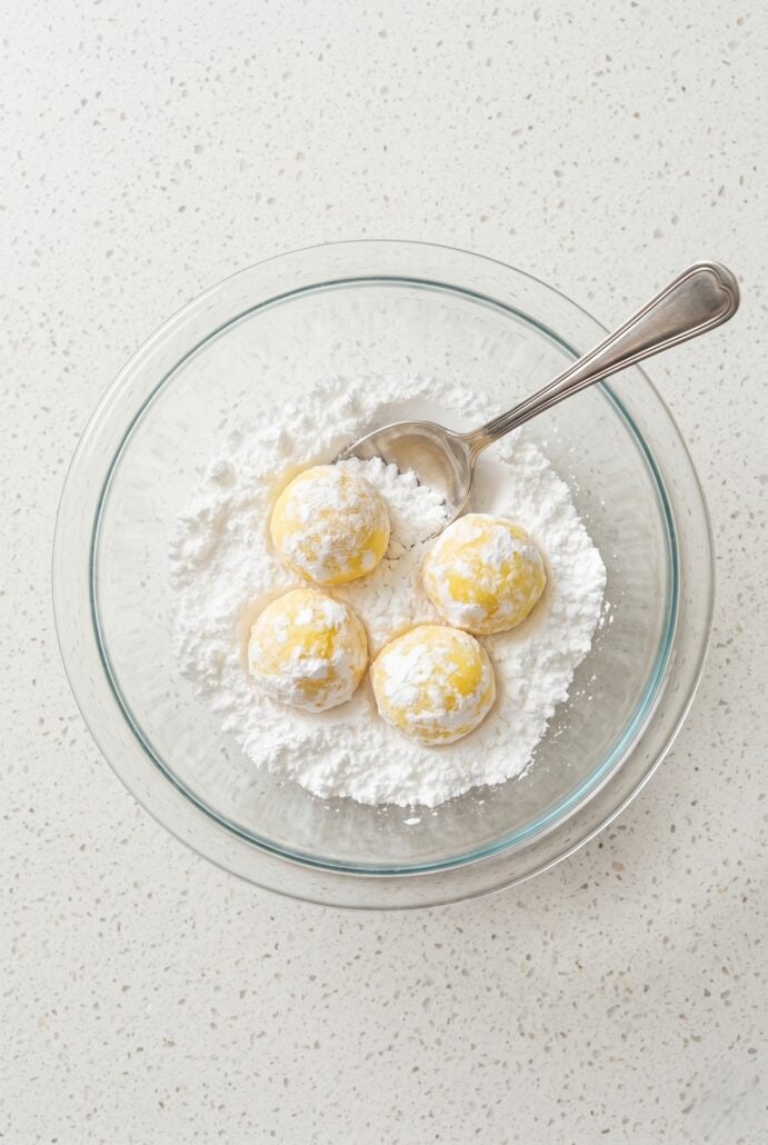 Lemon white chocolate truffles being coated in powdered sugar.