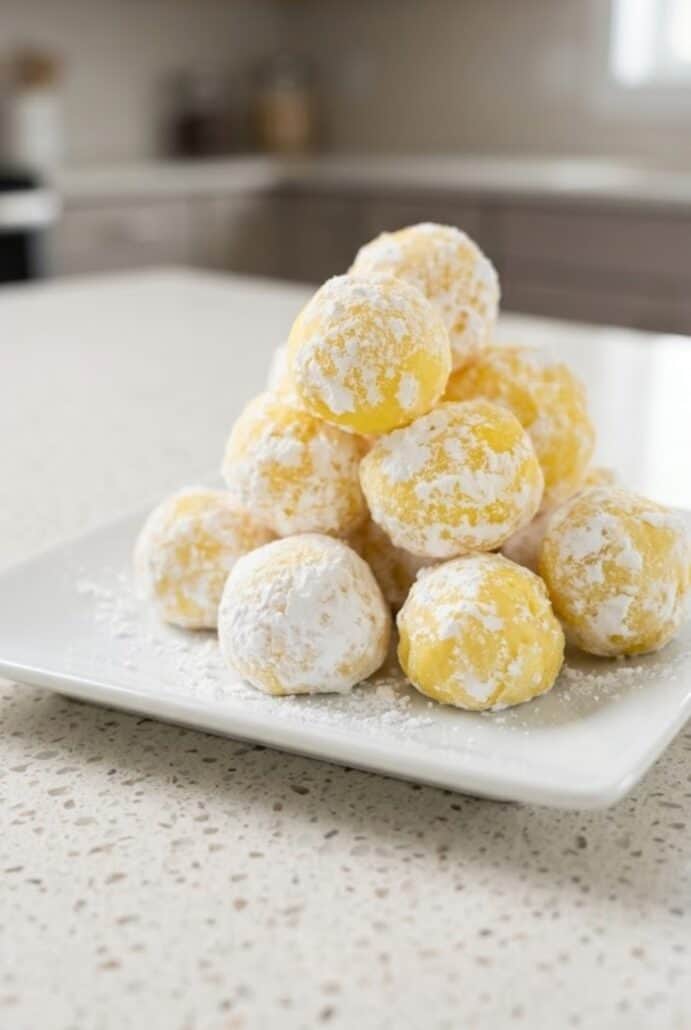 Powdered sugar-coated lemon white chocolate truffles stacked on a plate.