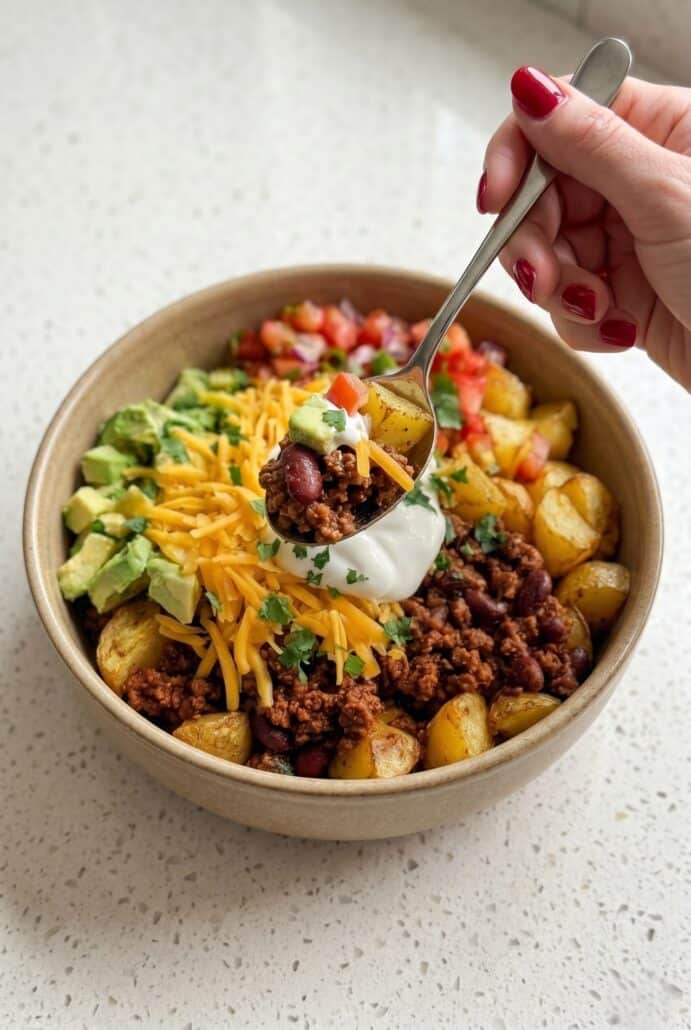 Spoon lifting Loaded Potato Taco Bowl with taco meat, crispy potatoes, cheese, avocado, and sour cream for an easy family dinner recipe.