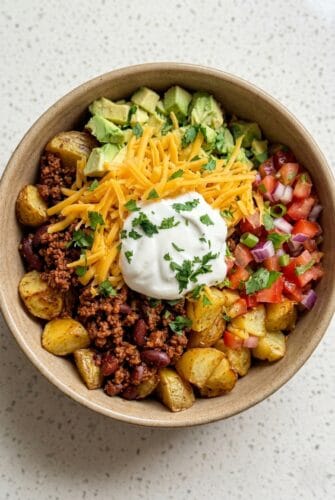 Loaded Potato Taco Bowl with crispy roasted potatoes, seasoned beef, avocado, pico de gallo, cheese, and sour cream.