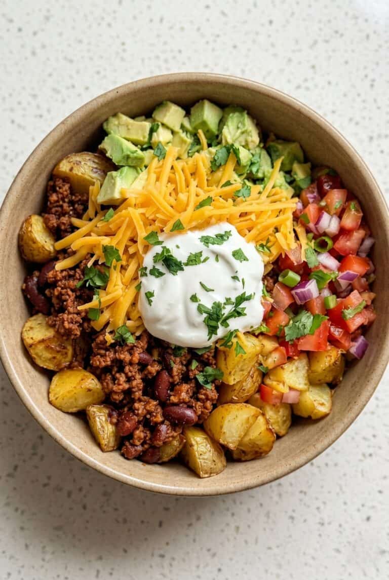 Loaded Potato Taco Bowl with crispy roasted potatoes, seasoned beef, avocado, pico de gallo, cheese, and sour cream.