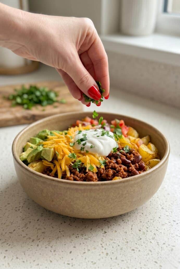 Hand adding cilantro to a Loaded Potato Taco Bowl with roasted potatoes, taco meat, cheese, avocado, and pico de gallo.